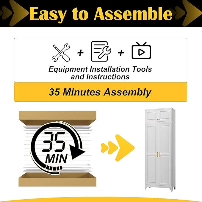 Steeloong90??Kitchen Pantry Cabinet,Metal Storage Cabinets with Doors and 4 Adjustable Shelves,White Kitchen Cabinet with 2 Gold Handles,Tall Cabinet for Livingroom,Pantry, Bathroom