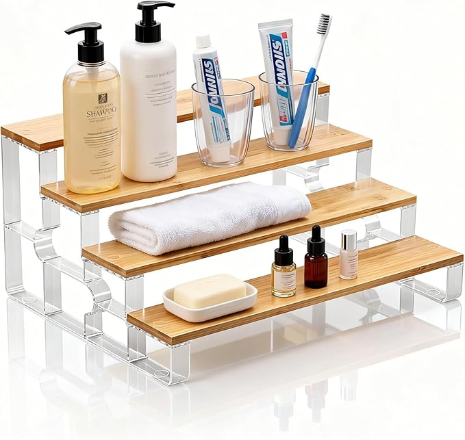 junyuan Bathroom Organizers and Storage,4 Tier Spice Rack Organizer for Countertop,Kitchen Countertop Organizers and Storage Shelf,Bamboo Tiered Display Stand,Clear Extended Width 14"