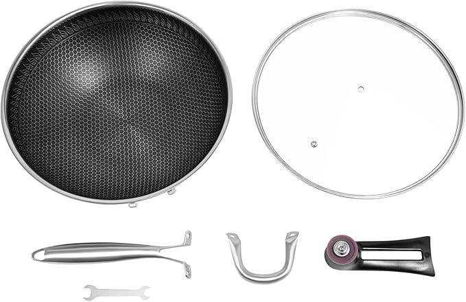 SUS 316 Stainless Steel Wok, Nonstick Frying Pan & Skillet with Lid, Induction Compatible Cookware, Honeycomb Wok Pan for Stir-Frying Saut챕ing Home Kitchen Camping Cooking (34cm)