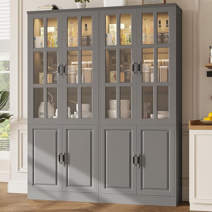 MEISSALIVVE Kitchen Pantry Storage Cabinet with LED Lights, 78.7" Tall with Glass Doors & Drawers, Freestanding Utility Cabinet, Grey (31.5" W x 15.7" D)