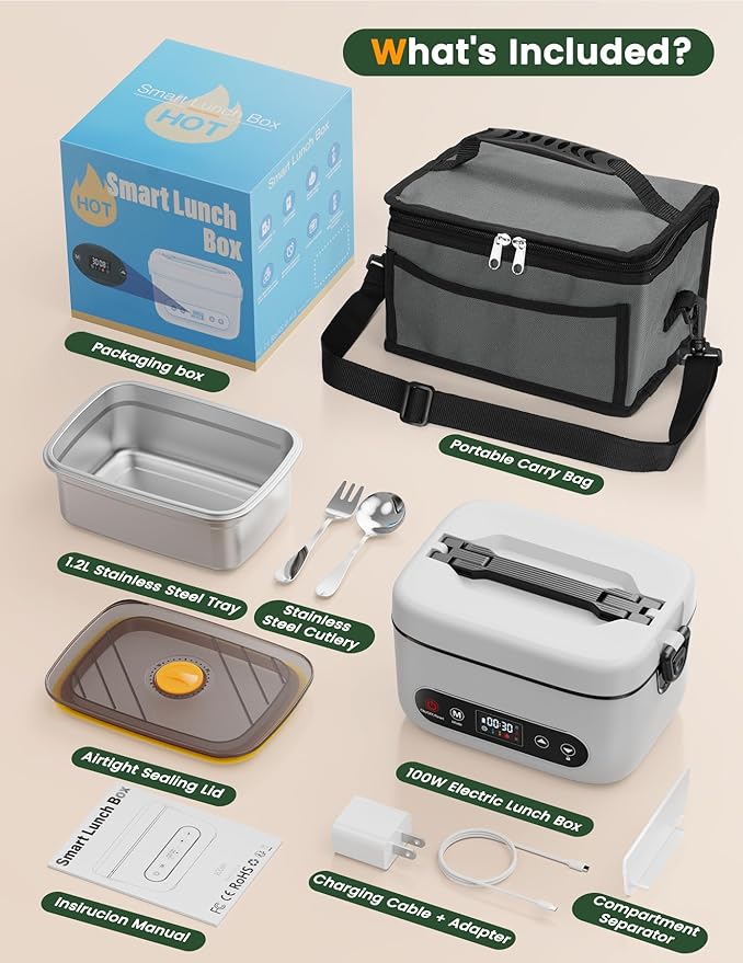 Cordless Electric Lunch Box, 1.2L Battery Powered Heated Lunch Box ??100W, 24000mAh Rechargeable Portable Self-Heating Food Warmer with 5-Sided Automatic Heating for Outdoors, Truck, Office, BPA-Free
