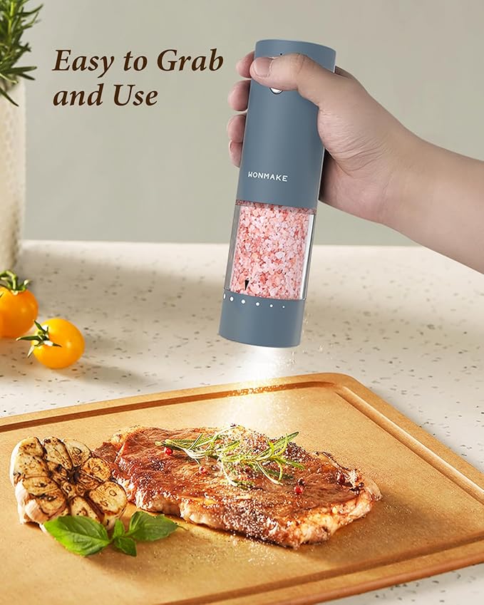 Electric Salt and Pepper Grinder Set - Automatic Refillable Salt and Pepper Grinders with Charging Base & LED Light, 6-Level Adjustable Coarseness with External Dial, Ideal Kitchen Gadget竊똁lue