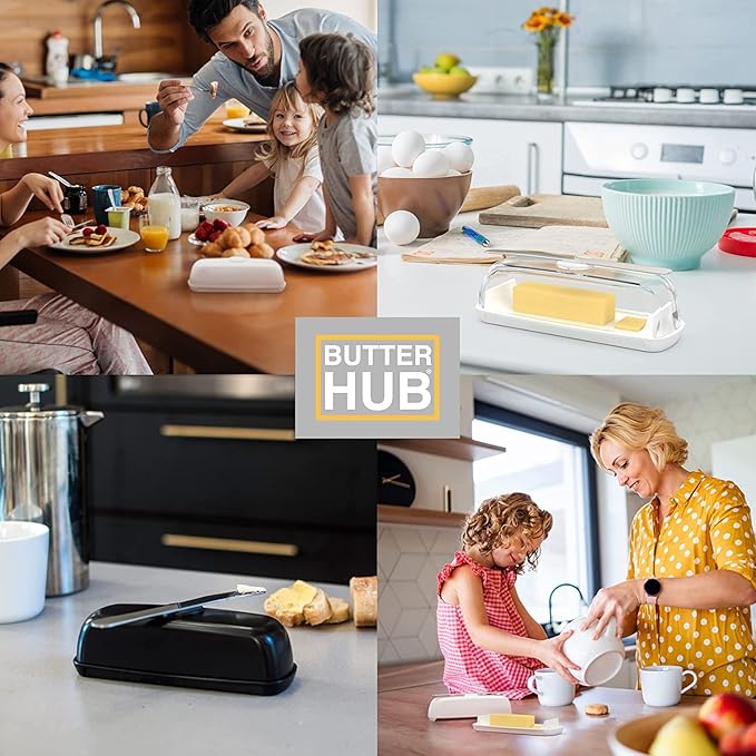 Butter Hub Extra Large Butter Dish with Lid and Knife, European Size Magnetic Butter Keeper, Easy Scoop, No Mess Lid, Plastic, Dishwasher Safe (Black)