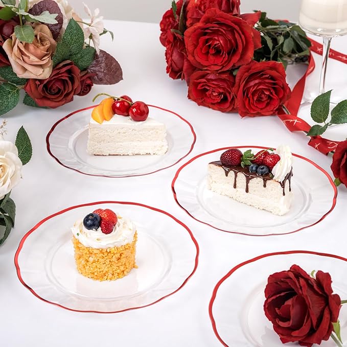 EI 150pcs Clear and Red Plastic Plates,Plastic Plates and sliverware,Clear Disposable Party Dinnerware Set for 30 Guests,Red Wavy Petal Edge Disposable Dinnerware Set for Wedding,Christmas,New Year
