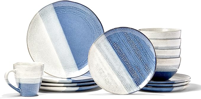 American Atelier Gaia Casual Round Dinnerware Set ??16-Piece Stoneware Dinner Party Collection w/ 4 Dinner Plates, 4 Salad Plates, 4 Bowls & 4 Mugs, Blue,7671-16-RB
