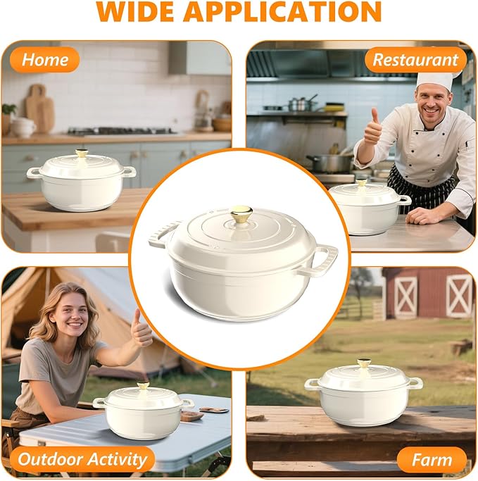 Bonnlo 6QT Round Dutch Oven, Enameled Cast Iron Dutch Oven Pot with Lid & Dual Handles, Oven Safe Up to 500째 F, for Sourdough, Bread Baking, Stews and Roasting, White