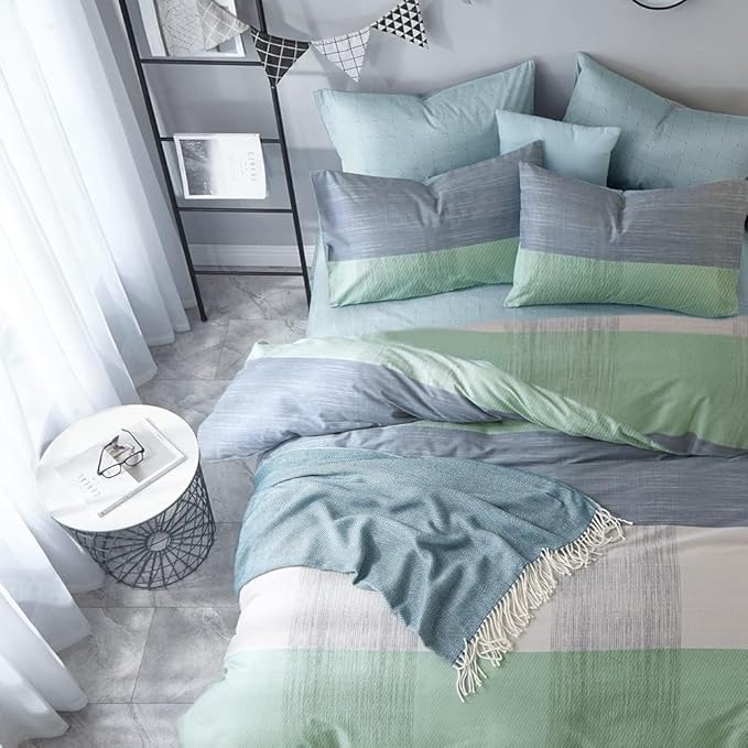 LifeTB Queen Comforter Set Patchwork Bedding Comforter Set Soft Fluffy Geometric Plaid Bedding Set for All Seasons Cozy Patchwork Plaid Checkered Pattern Queen Bed Comforter with 2 Pillow Shams