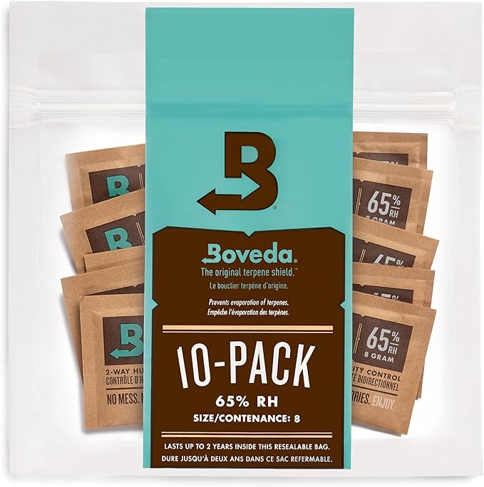 Boveda 65% Two-Way Humidity Control Packs for Storing Up to 5 Items ??Size 8 ??10 Pack ??For Small Travel Boxes ??Moisture Absorbers ??Humidifier Packs ??Hydration Packets in Resealable Bag