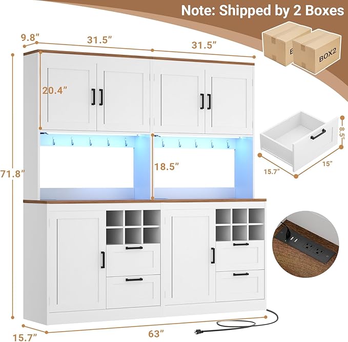 Unikito 72" Tall Pantry Cabinet, Kitchen Pantry Storage Cabinet with LED Light & Outlet, 63" Wide Kitchen Hutch Bar with Microwave Stand, Drawers, Wine Rack & Shelves, Cupboard for Dining Room, White