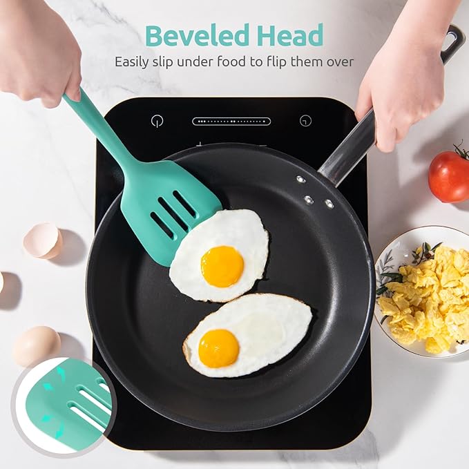 13.6" Slotted Silicone Turner: U-Taste 600쨘F Heat Resistant Kitchen Spatula Flipper, Food Grade Flexible Wide Seamless Rubber Cooking Utensil for Egg, Omelette, Burger in Nonstick Cookware (Aqua Sky)