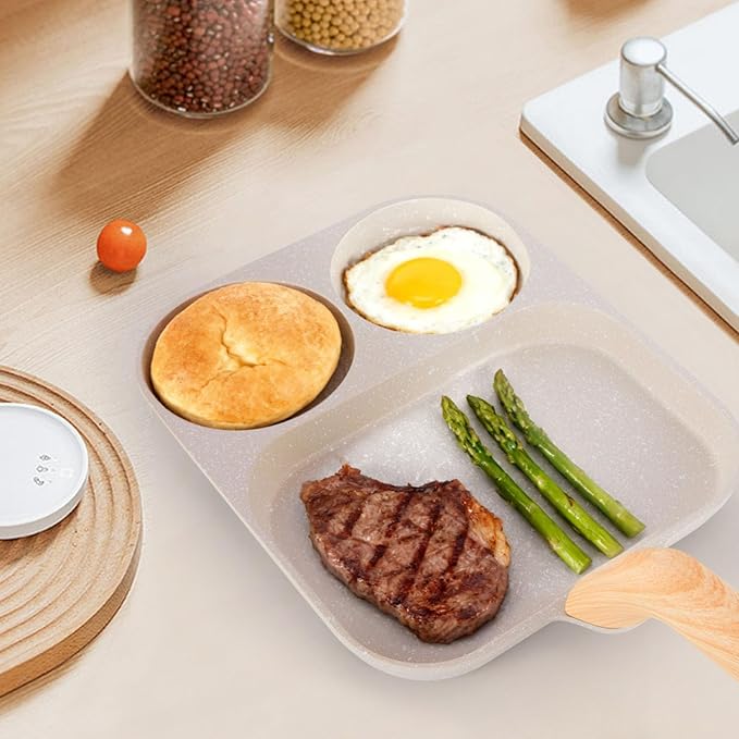 CLANK 3-in-1 Nonstick Egg Pan with Divided Nonstick Griddle, Multi-Function Breakfast Pan/Pancake Pan for Gas and Induction Cooktops, White Granite Texture
