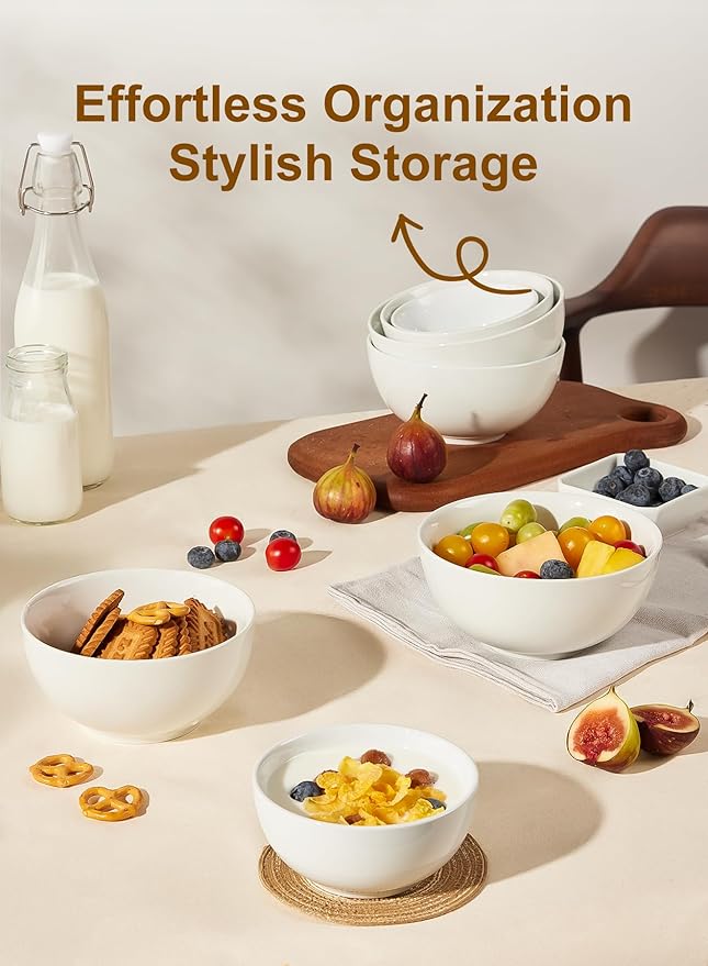 Yedio 22 oz White Porcelain Bowls Set of 4 ??Cereal, Soup, Rice, Oatmeal & Salad Bowls ??Microwave & Dishwasher Safe, Stackable for Kitchen Use