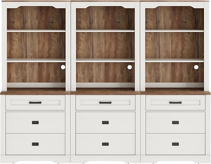 WAMPAT 3 Column 3 Tier Pantry Cabinet with Drawer,73.3" Tall Floor Standing Cupboard,Modern Farmhouse Display Kitchen Buffet with Adjustable Shelves for Dining Room,Living Room,Rustic White
