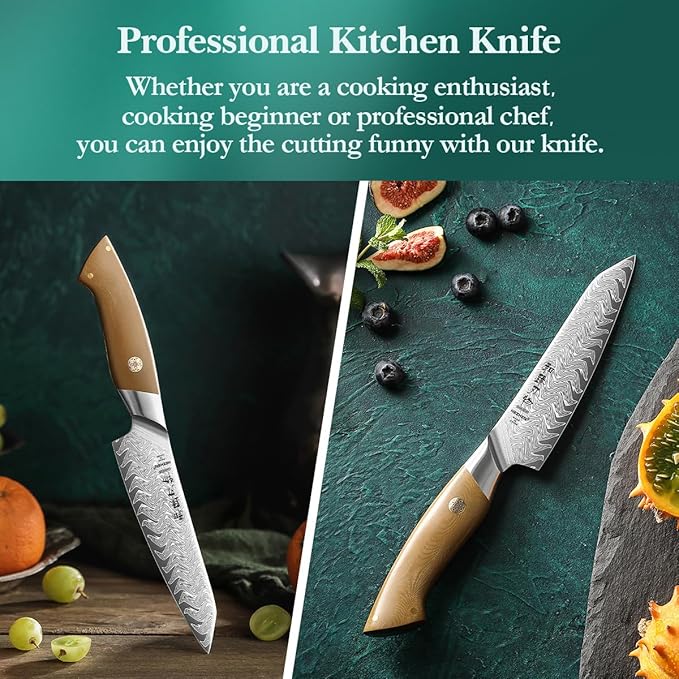 HEZHEN Kitchen Utility Knife, 5.5 Inches, 67 Layers Damascus Steel, Multifucational Paring Knife for Chefs and Home Cooking, Ultra-sharp Blade with Linen Micarta Handle, Gift Packing