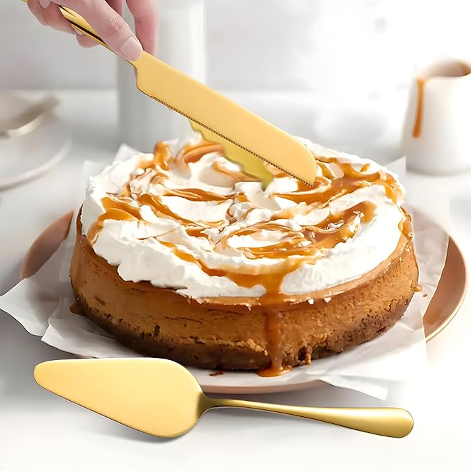 Golden Cake Cutting Set for Wedding, Premium Stainless Steel Cake Knife, Premium Cake Cutter set is Great for Birthdays, Anniversary Parties, and Christmas.Perfect for any celebration