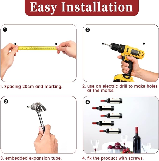 Wall-Mounted Wine Hook: Hanging Wine Bottle Wall Holder - Set of 6 Metal Wall Red Wine Rack