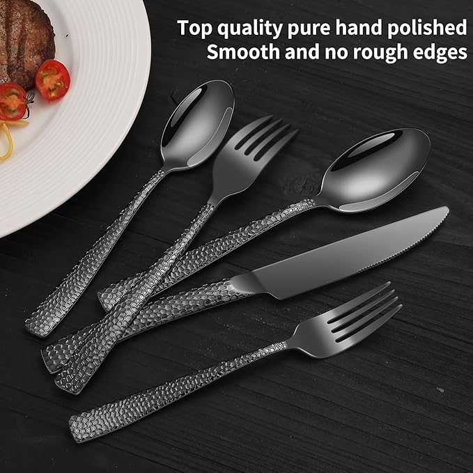 45-Piece Silverware Set with Serving Utensils Set, Black Hammered Stainless Steel Flatware for 8, Food-Grade Tableware, Including Fork, Knife, Spoon Set, Home Kitchen Cutlery, Dishwasher Safe