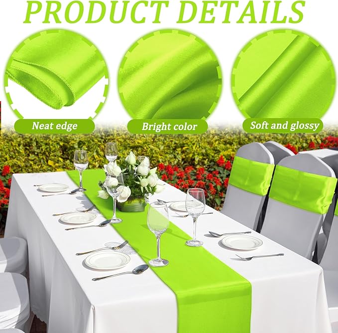 Bencailor 24 Pcs Bright Green Satin Table Runner Bulk 12 x 108 Inches Long Table Runners Bright Smooth Fabric Tablecloth for Wedding Banquet Birthday Valentines St Patrick's Day Party Decorations