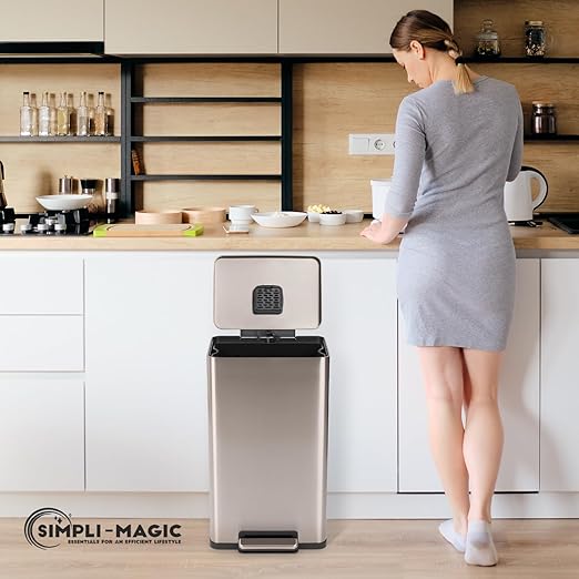 SIMPLI-Magic 13.2 Gallon (50L) Step Trash Can ??Kitchen Garbage Can with Slow-Close Lid ??Odor Control, Hands-Free, Easy to Clean, Brushed Stainless Steel (Rose Gold)