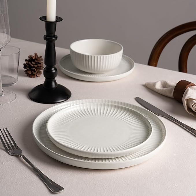 Famiware Starlight Plates and Bowls Dishes Set of 4 (12 Pieces), Ribbed Textured Stoneware Dinnerware Sets- Dishwasher & Microwave Safe, Chip Resistant, Matte Reactive White