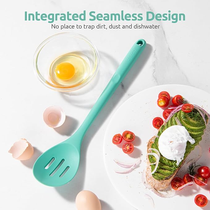 13.3" Slotted Cooking Spoon: U-Taste 600쨘F Heat Resistant Kitchen Mixing Spoon, Food Grade Nonstick Long and Large Rubber Soup Utensil for Serving, Stirring, Basting, for Pot Cookware (Aqua Sky)