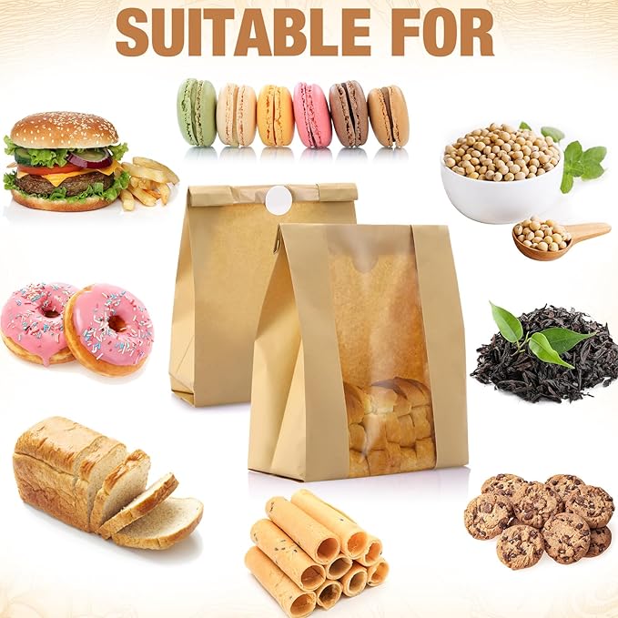 Domensi 450 Pcs Paper Bread Bags for Homemade food 13.7 x 8.2 x 3.5 Inch Large Paper Bakery Bag with Window Sourdough Bread Bags for Baked Food Packaging Storage