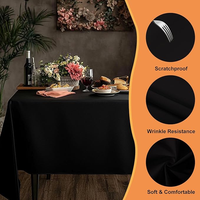 TWINPRET Rectangle Tablecloth 60 x 126 Inch, Black Waterproof Washable Polyester Table Cloth - Stain & Oil Resistant Rectangular Table Cover for Outdoor, Indoor, Banquet & Party (Fits 8 Foot Tables)