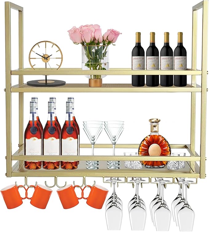 63in Ceiling Wine Glass Rack, Industrial Wall Mounted Wine Rack, Hanging Wine Rack, 2-Layer Iron Bottle Holder Wine Shelf with Glass Holder (Gold, 63INCH)