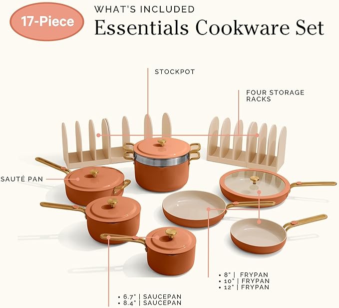 Our Place 17-Piece Essentials Complete Cookware Set - Ceramic Fry Pans, Saucepans, Saut챕 Pan, Stock Pot, Strainer Basket & Modular Storage | Thermakind??Nonstick, Oven Safe up to 450째F | Terracotta