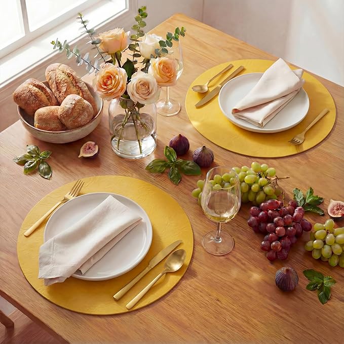 Artoid Mode Yellow Faux Leather Placemats Set of 6, 15 Inch Waterproof Wipeable Heat Resistant Place Mats, Reversible Table Mats for Summer Kitchen Dining Decor