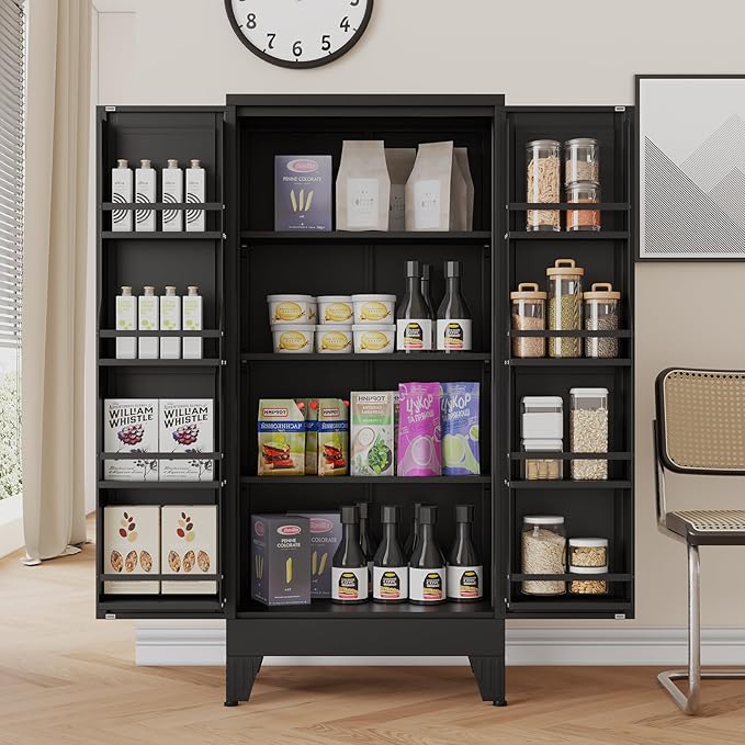 48" H Metal Kitchen Pantry Storage Cabinet, Freestanding Cupboard Storage Cabinet with Doors and Adjustable Shelves, Large Stand Up Food Cupboard for Living Room, Dinning Room, Black