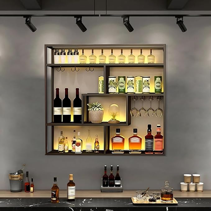 59.1in Large Wall Mounted Wine Rack, 4 Tier Wall Mount Bottle Rack with Glass Holder, Industrial Metal Floating Bar Liquor Bottles Display Storage Shelf for Dining Room, Kitchen (Gold, A,59.1in)