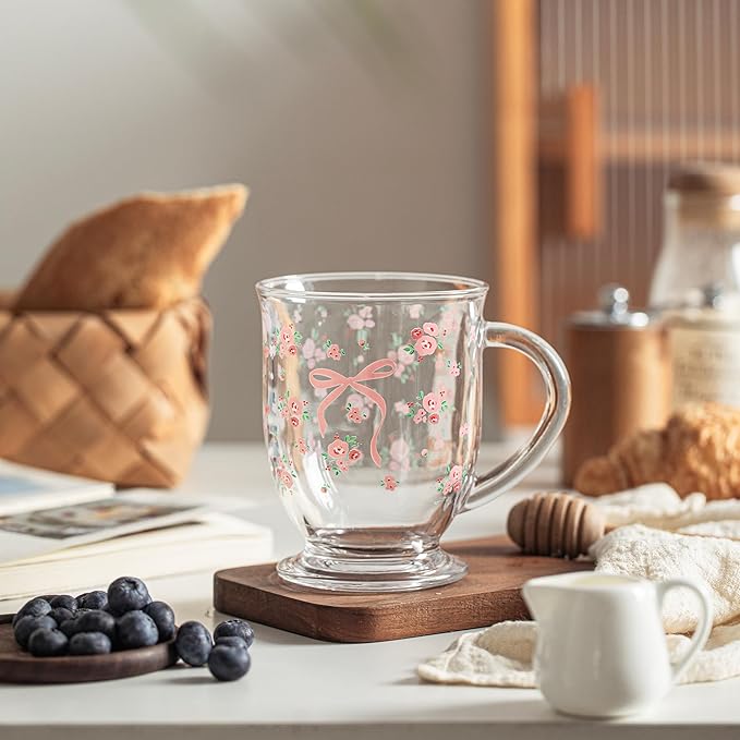 16oz Valentine's Coffee Mugs Set of 2 - Clear Flower Rose Bow Pattern Cups with Handle, Romantic Mug, Sweet Valentine's Gifts for Couple Drinking Glasses for Valentines Party- Dishwasher Safe