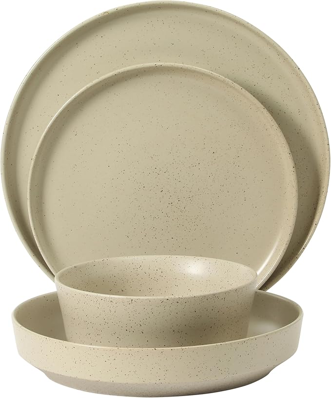 Gibson Elite Overbrook 16-Piece Pottery Clay Stoneware Dinnerware Set ??White Reactive Glaze, Stackable Plates and Bowls w/Pasta Bowl, Service for 4 ??Microwave & Dishwasher Safe