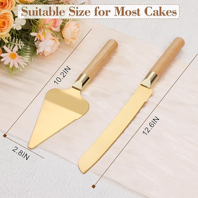 Gold Cake Cutting Set for Wedding, Wood Cake Knife and Server Set, Rustic 2-Piece Pie Cutter Serving Set, Serrated Dessert Utensils, Bridal Anniversary Quincea챰era Gift (Oak color)