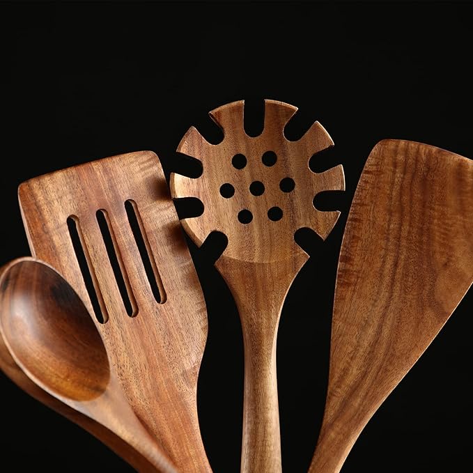 Wooden Kitchen Cooking Utensils Set, NAYAHOSE 7 Pcs Natural Teak Wooden Spoons and Spatulas for Non-stick Pan