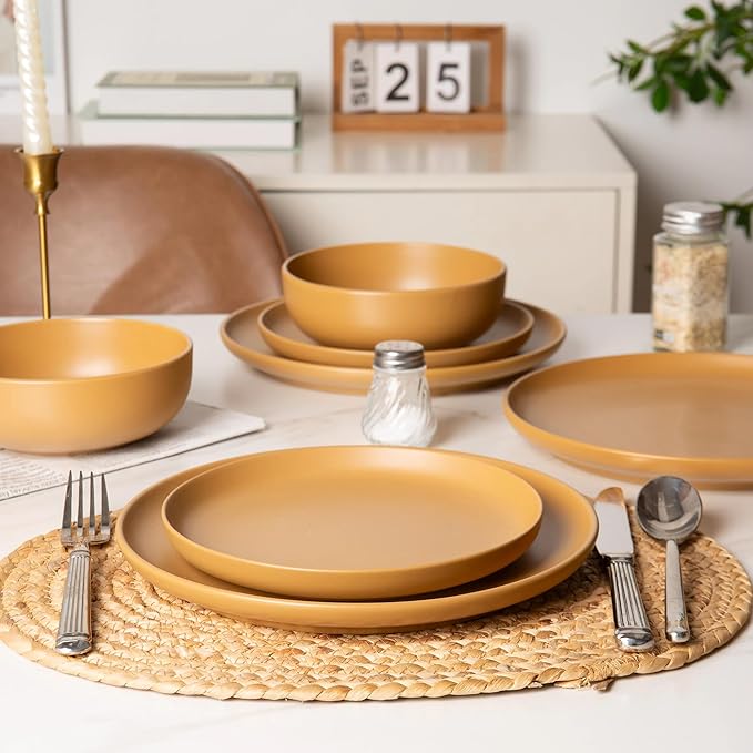 Furrnook 12-Piece Stoneware Dinnerware Set with Mugs | Microwave and Dishwasher Friendly | Stackable Matte Glaze Plates & Bowls | Service for 3 (Orange for 3)