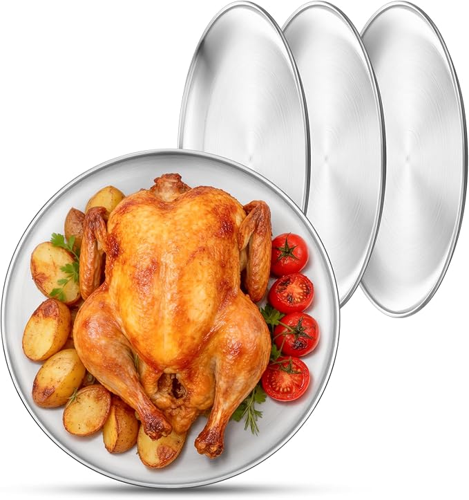 Stainless Steel Plates, 4 Pack 11.8 inch Large 201 Metal Food Serving Plate Set, Reusable Snack Eating Dishes Round Shatterproof Brushed Finish Dish Silver Dinner Lunch Oven Dishwasher Safe