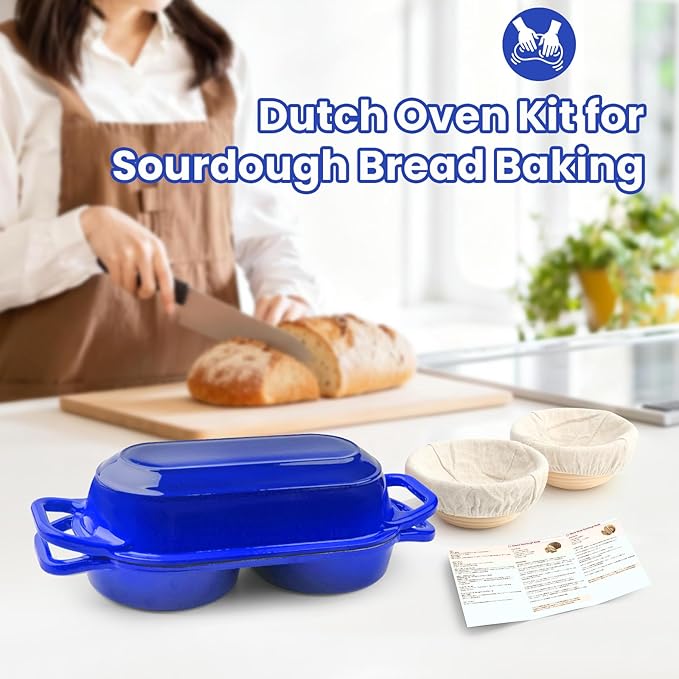 YONILL Mini Double Dutch Oven for Sourdough Bread Baking - Enameled Cast Iron Dutch Oven Pot with Lid and 5" Banneton Bread Proofing Basket Kit, Dual Round Bread Loaf Pan for Homemade Baking (Dark Blue)