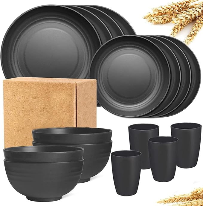 24-Piece Wheat Straw Plates and Bowls Set for 6, Black Unbreakable Dinnerware, Dishwasher & Microwave Safe, Reusable Eco-Friendly BPA-Free for Picnic Birthday Camping Outdoor Dining