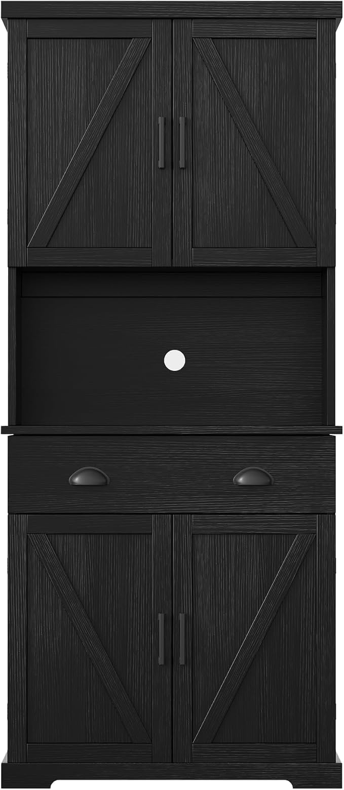 ChooChoo 72" Pantry Cabinet with Storage Drawers, Farmhouse Kitchen Hutch Bar Cabinet with Microwave Stand, Kitchen Cupboard with Door Shelves for Dining Room, Living Room, Black