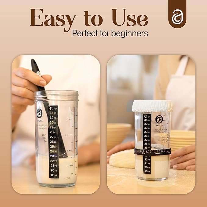 Sourdough Starter Jar Kit, Includes 34 oz Sourdough Starter Jar with Metallic Lid, Silicone Spatula, Feeding Tracker, Extra Thermometer Strips & Breathable Covers ??Sourdough Bread Starter Kit
