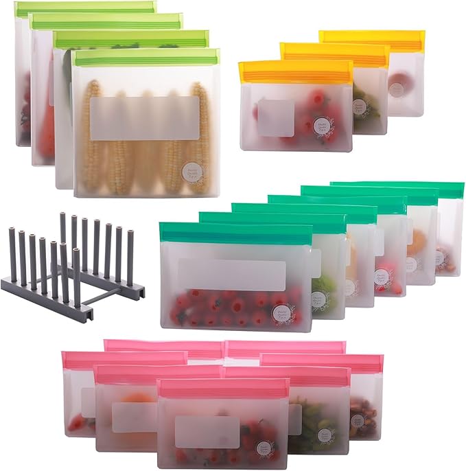 Reusable Food Storage Bags ??21-Pack Stand-Up, BPA-Free, Freezer, Dishwasher Safe & Eco-Friendly ??4 Gal, 6 L, 7 M, 3 S + Rack ??Airtight Leakproof, Organization and Storage Bags (Multicolor)