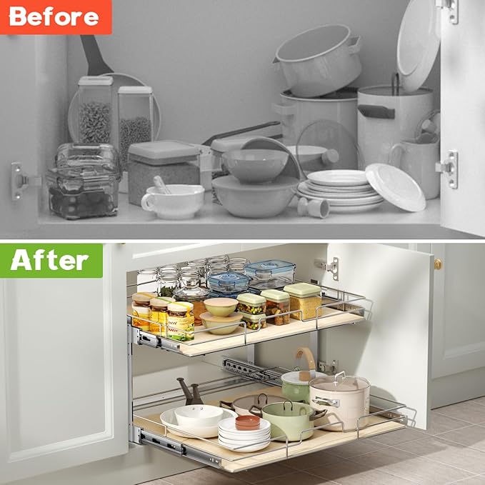 ROOMTEC 2 Tier Individual Pull Out Cabinet Organizer 19쩍"W x 21쩍"D, Slide Out Wood Shelves Organizers, Pull Out Drawers Organization and Storage for Kitchen Cabinet