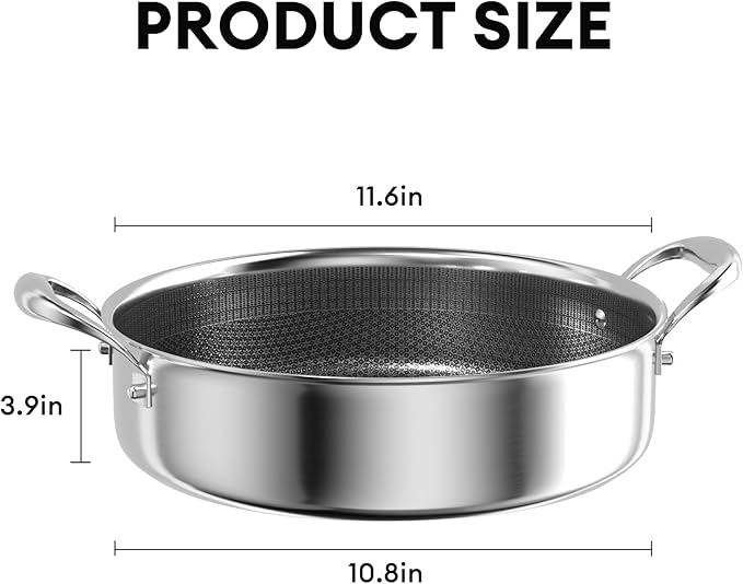 COOKER KING 5QT Stainless Steel Saute Pan with Lid, Hybrid Nonstick Deep Saute Pan, Chicken Fryer, Tri-Ply Clad Even Heat Distribution, Dishwasher-Friendly,Oven Safe to 500째F, Induction Compatible