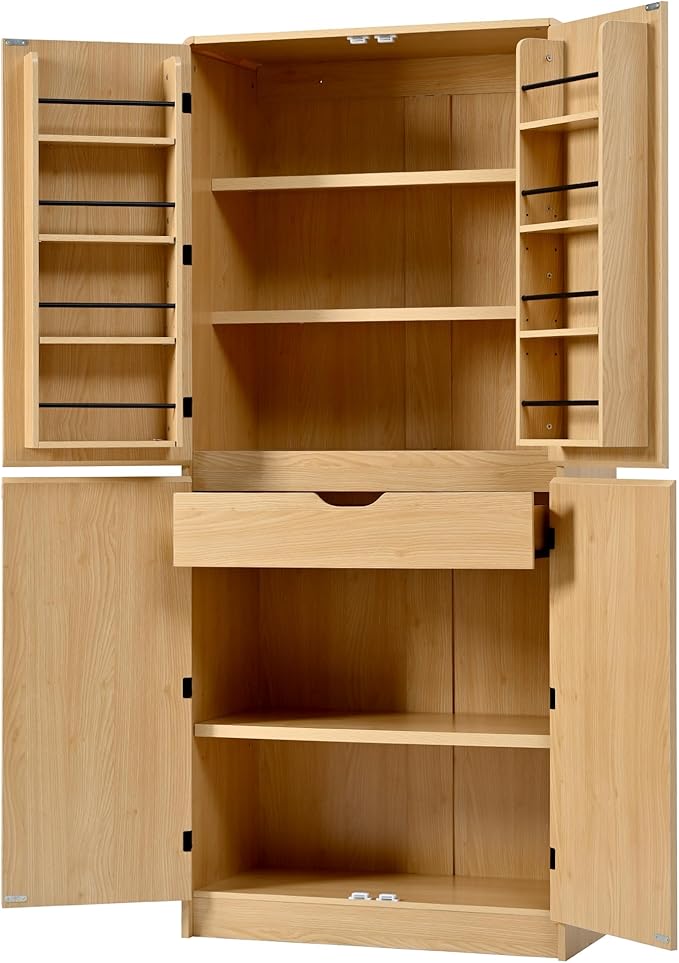 72" Tall Farmhouse Kitchen Pantry Cabinet with 8 Door Shelves, Curved Design Storage Cabinet with 3 Adjustable Shelves, Hidden Drawer, Versatile Cupboard for Kitchen, Dining & Bathroom (Nature)