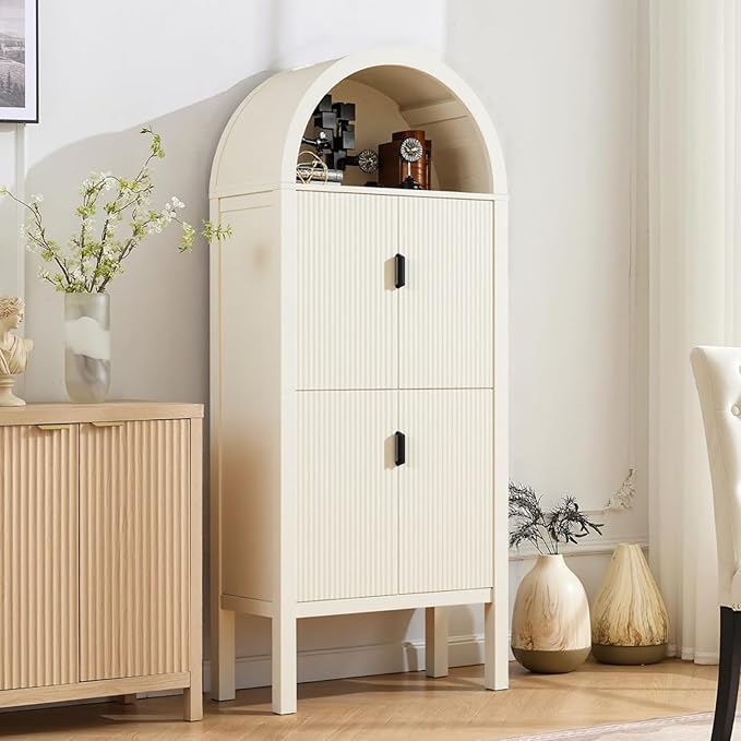 71" Tall Arched Fluted Storage Cabinet - Modern Pantry Cabinet with 4-Tier Shelves, Open Display & Sealed Storage, Accent Sideboard for Living Room Kitchen Dining Room (Antique White)