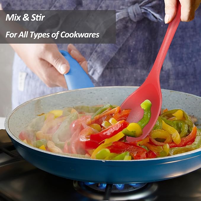 Silicone Spoons for Cooking - Extra Large Kitchen Spoons for Mixing, Serving, & Stirring - 600째F Heat-Resistant Non Stick Utensils Ladle & Skimmer- Dishwasher Safe, Red