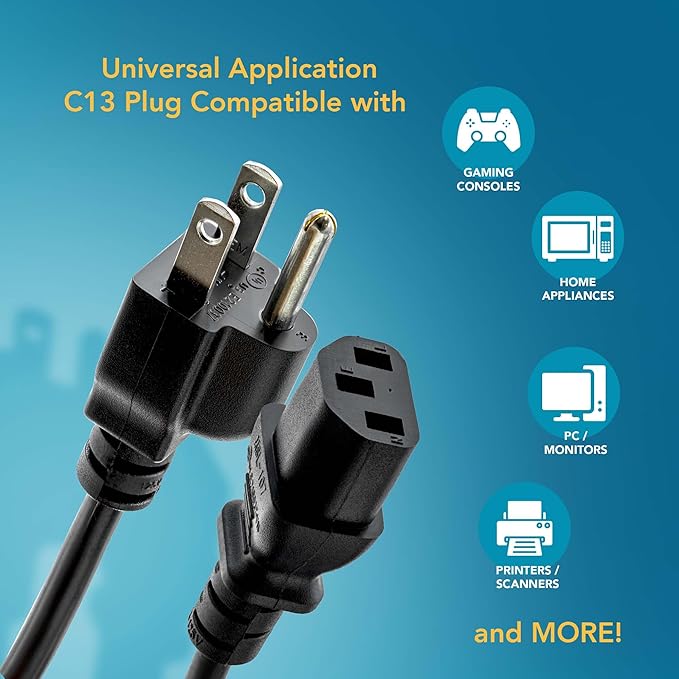 Rebuild Skills 3ft (1m) - 2 Pack, Hot Instant Pot Power Cord, Soy Milk Maker, Printer Power Cord, PC Power Supply Cable, Monitor Power Cable, TV Cord - UL Listed NEMA 5-15P to C13, 10A 125V, 18AWG