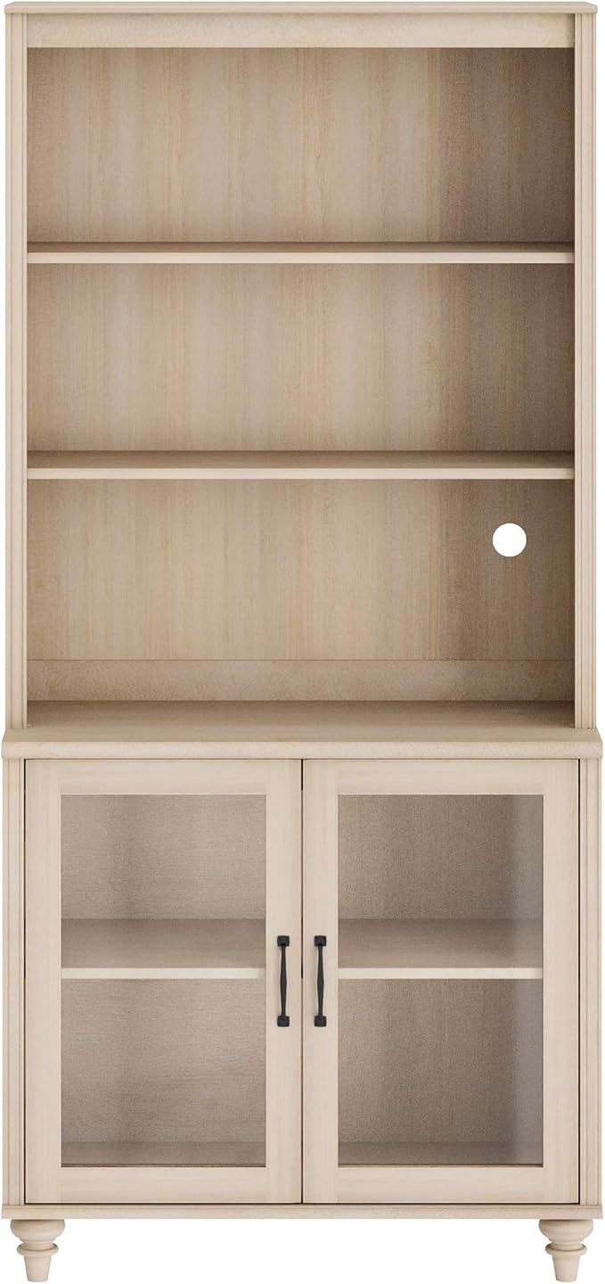 WAMPAT 72'' Tall Kitchen Pantry Cabinet with Storage, 34'' Wide Dining Hutch with Glass Doors and Adjustable Shleves, Farmhouse Pantry Storage for Home Decor, Living Room, Home Office, Light Oak